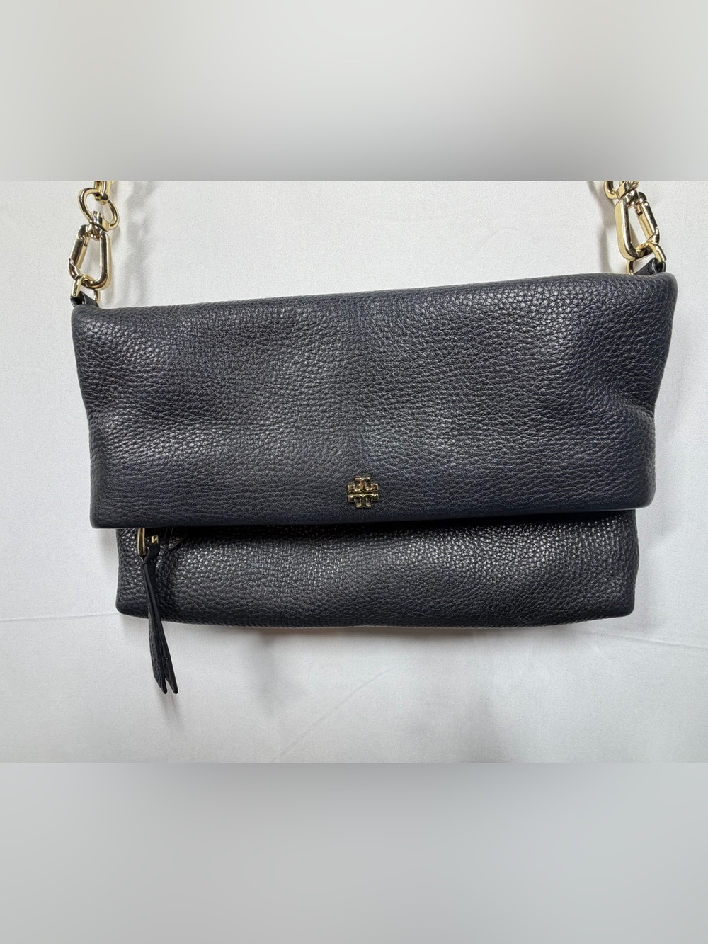 Tory Burch Black Pebbled Leather Fold-Over Clutch with Gold Logo